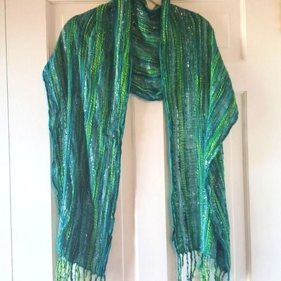 GREEN BLUE TEXTURED SPARKLY SCARF WRAP MERMAIDCORE ARTSY SILVER - Picture 1 of 5